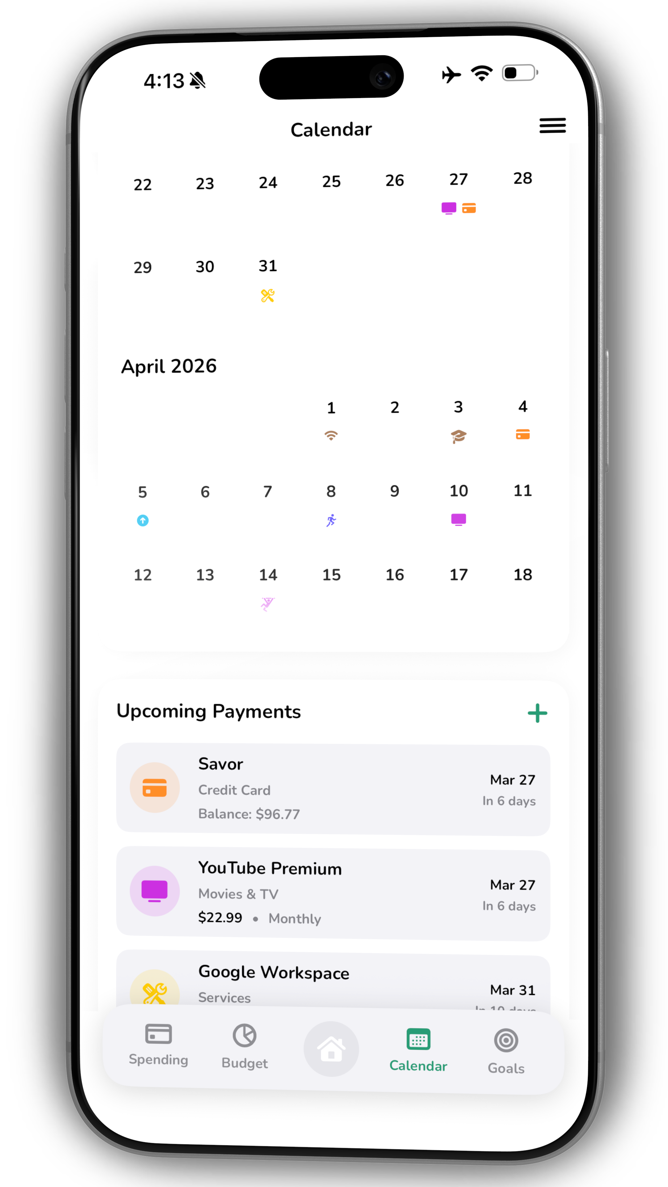 Pancake app calendar and goals screen